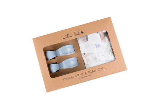 Dogs Day Out Muslin Wrap & Dusty Blue Pram Clip Set