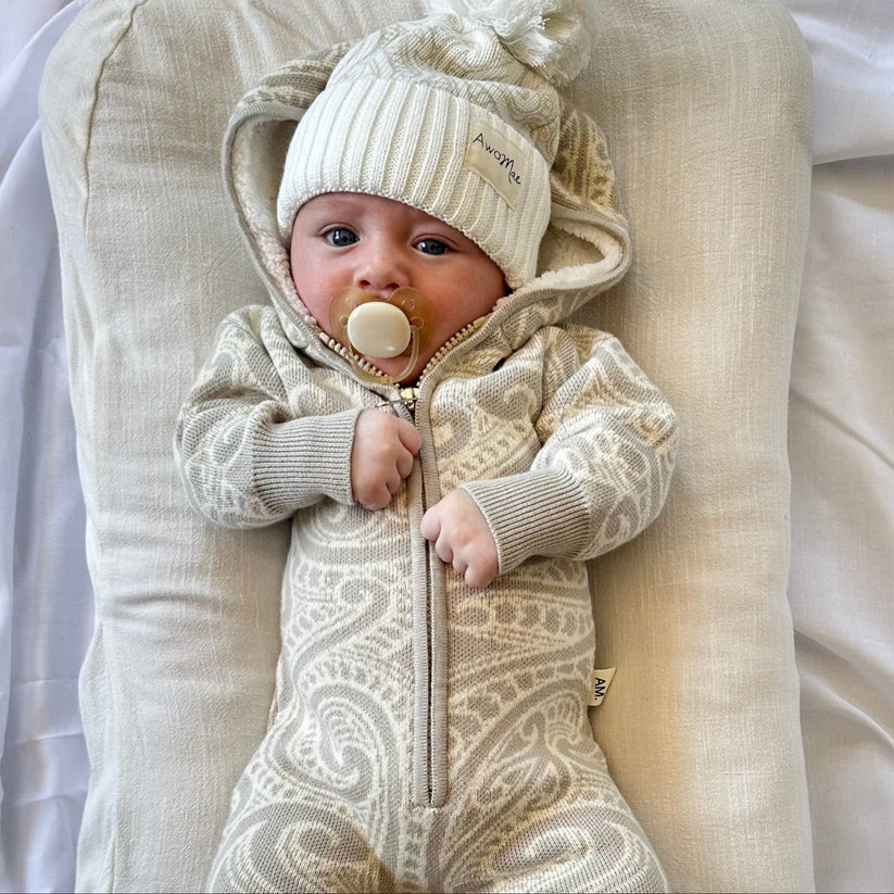 The Wolf Sherpa Hooded Romper - Pebble