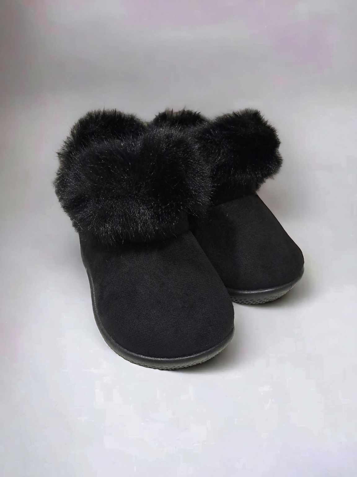 Black Furry Kids Hard Sole Slipper