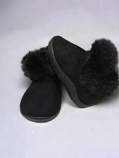 Black Furry Kids Hard Sole Slipper