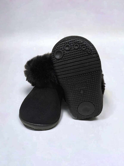 Black Furry Kids Hard Sole Slipper