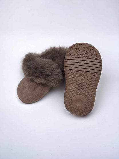 Brown Furry Kids Hard Sole Slipper