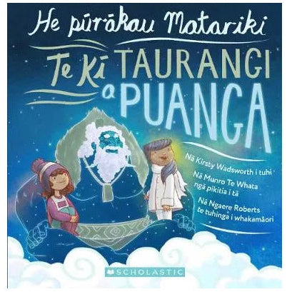 Book cover of 'Te Ki Taurangi o Puanga' with characters and Matariki star on a blue background