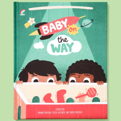 Book titled 'Baby on the Way' with illustrations of two children peeking over a baby monitor on a green background.