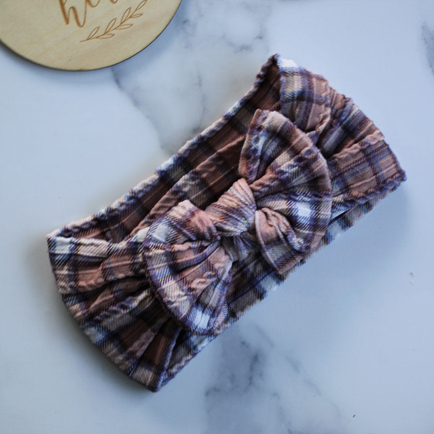 Stretch Bow Headband - Brown Plaid