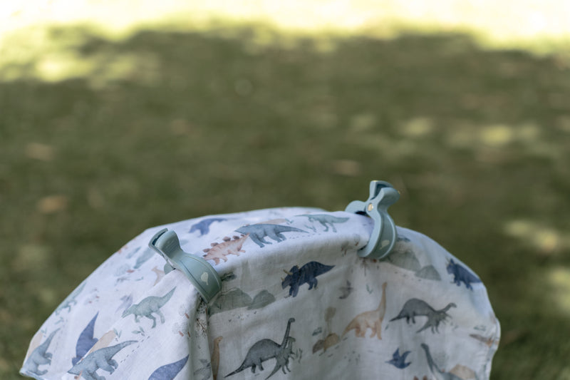 Dinosaurs Adventure Muslin Wrap & Dusty Blue Pram Clip Set