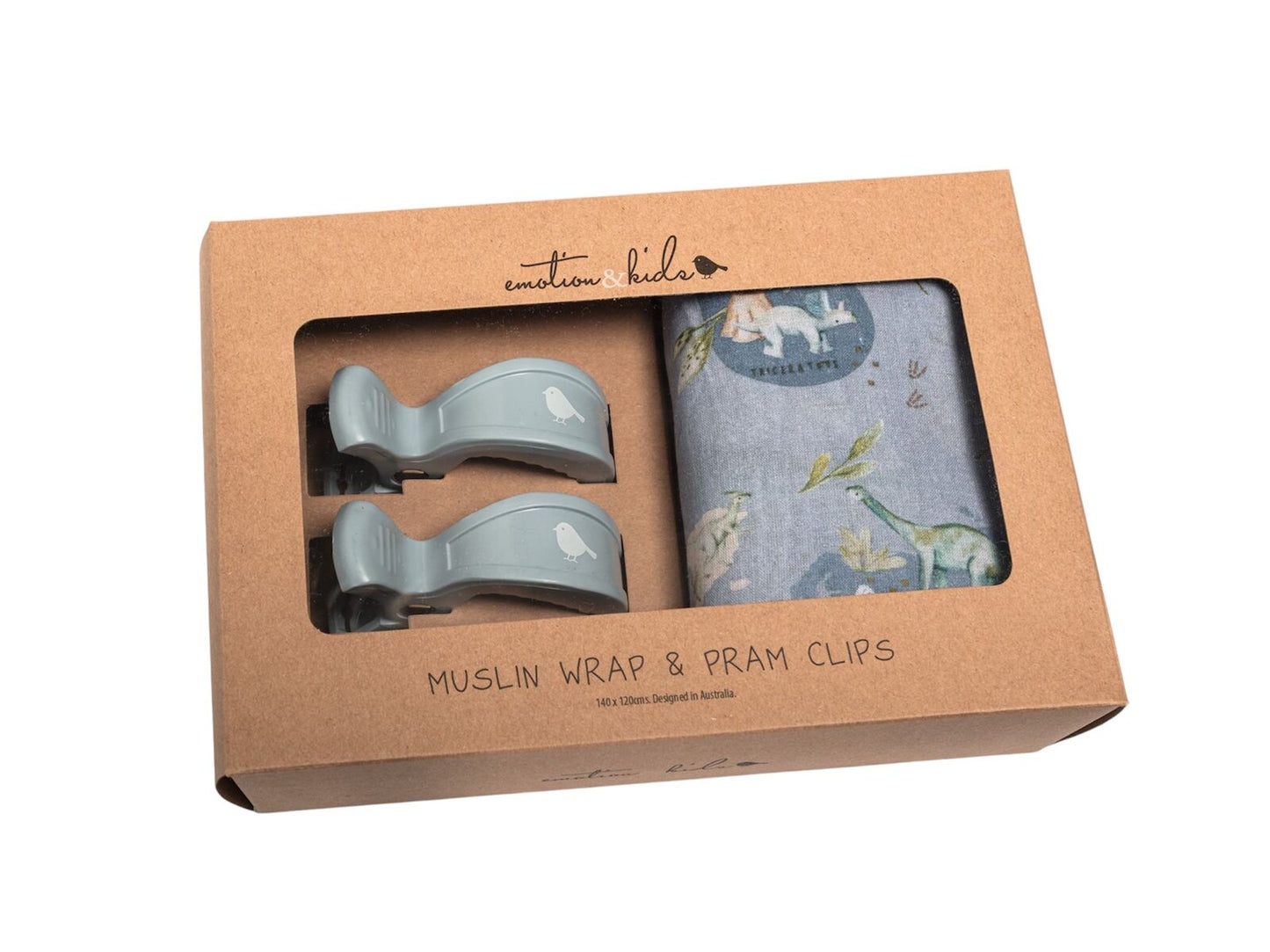 Dinosaurs of the World Muslin Wrap & Dusty Blue Pram Clip Set