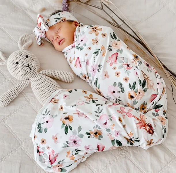 Fairy Garden Jersey Swaddle Stretch Wrap & Top Knot Set