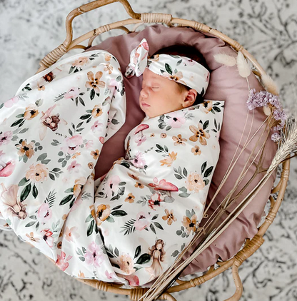 Fairy Garden Jersey Swaddle Stretch Wrap & Top Knot Set