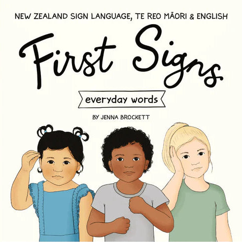 Book cover of 'First Signs' with illustrations of three children and text about New Zealand Sign Language.