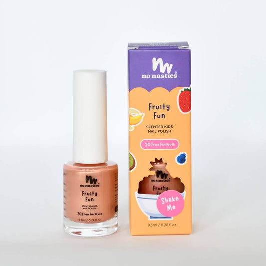 No Nasties Fruity Fun scented kids nail polish bottle and packaging on a white background