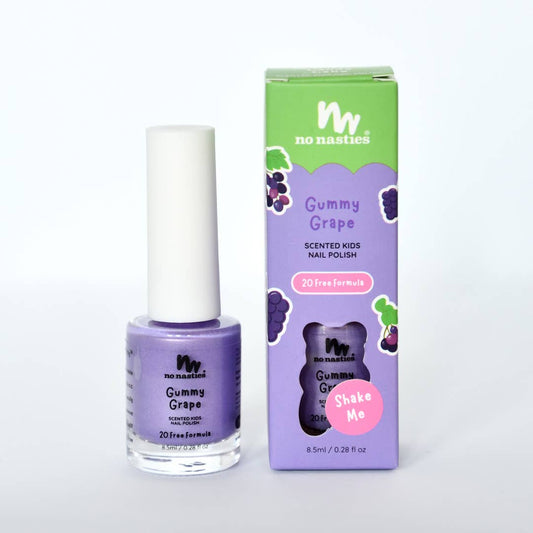 Gummy Grape scented kids nail polish with packaging on a white background