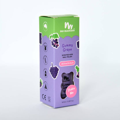 No Nasties gummy grape scented kids nail polish packaging on a white background