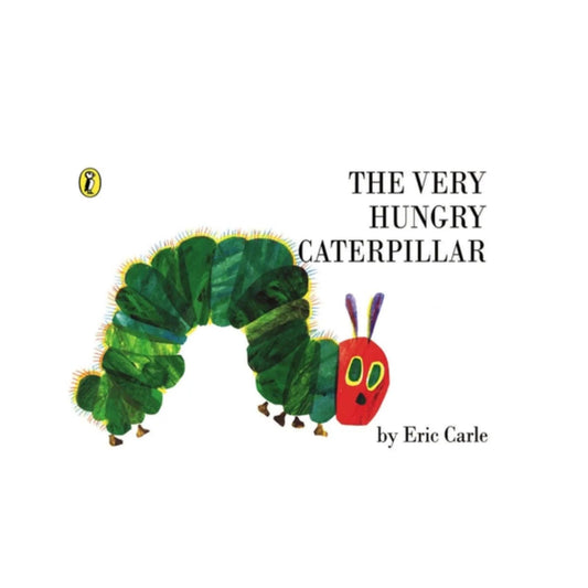 Book cover of 'The Very Hungry Caterpillar' by Eric Carle with a green caterpillar illustration.