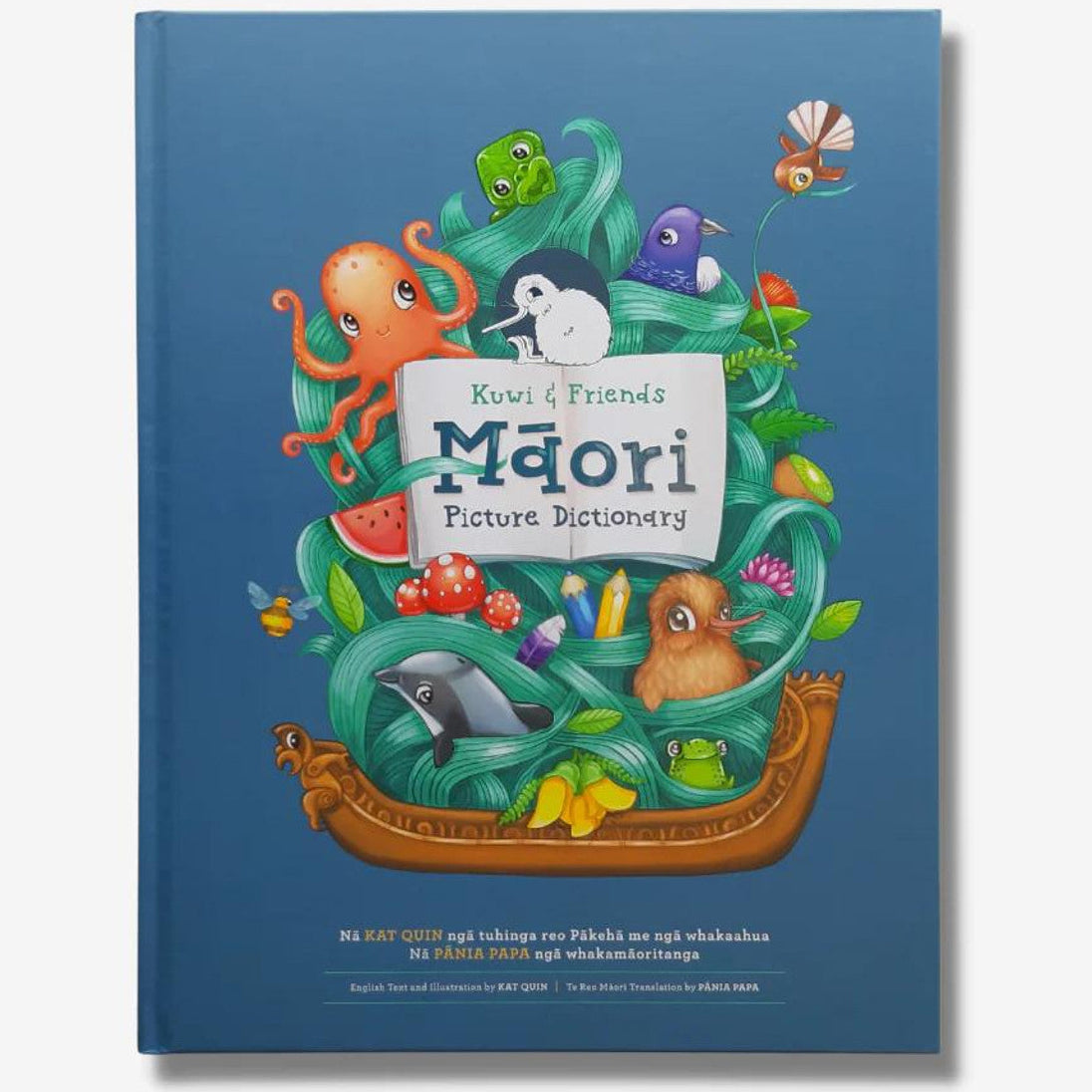 Children's book titled 'Maori Picture Dictionary' with colorful illustrations on a blue background