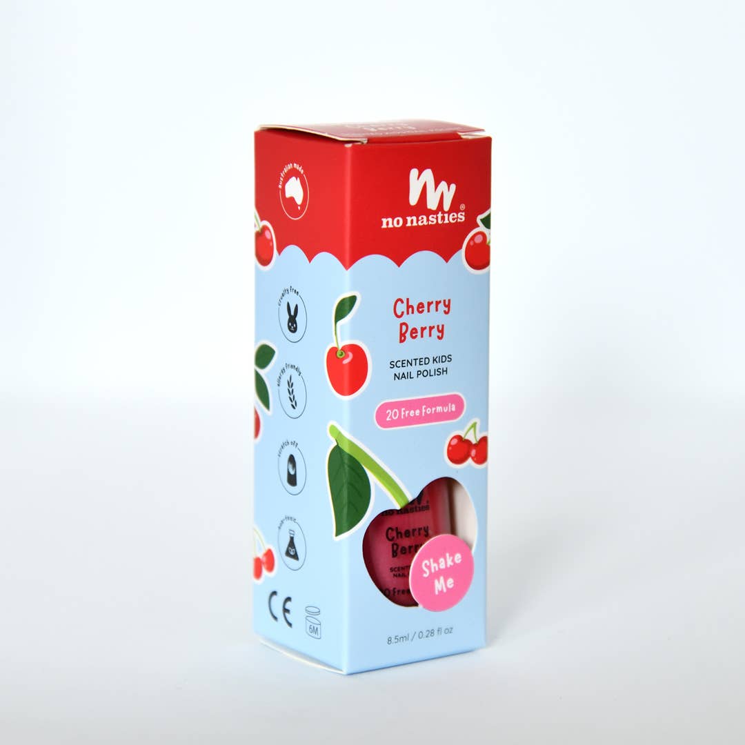 Box of cherry berry scented kids nail polish with no nasties branding on a white background