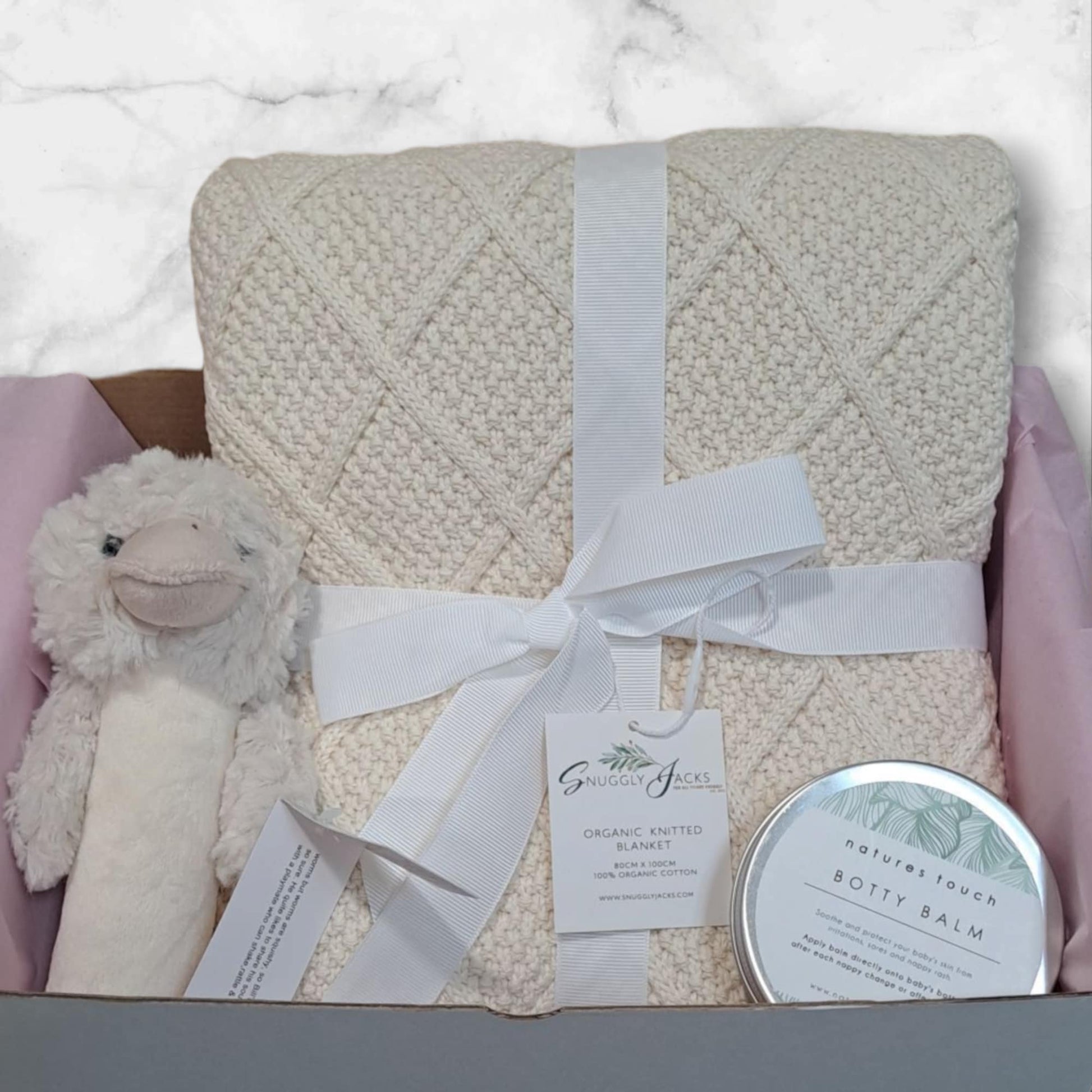 Baby Gift Box with Knitted Blanket, Baby Rattle and Botty Balm