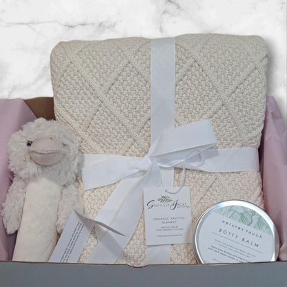 Baby Gift Box with Knitted Blanket, Baby Rattle and Botty Balm