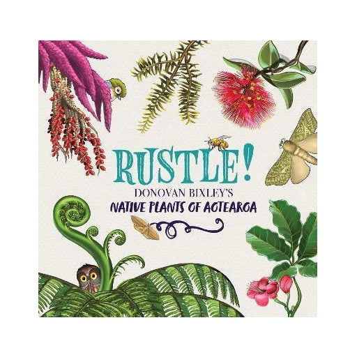 Book cover of 'Rustle!' with illustrations of plants and animals on a white background