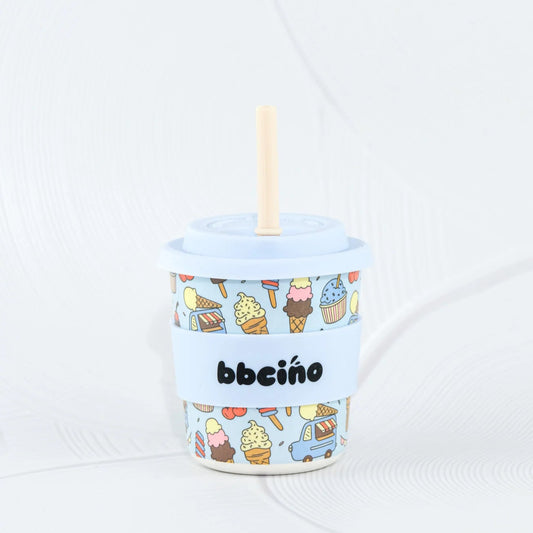 Tumbler with ice cream pattern and 'bbcino' branding on a white background
