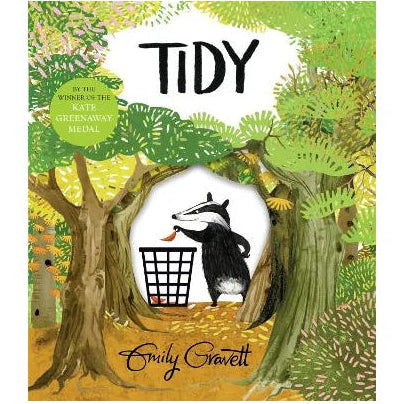 Book cover of 'Tidy' by Emily Gravett with a badger character and trees.