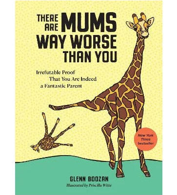 Book cover with a giraffe illustration and text about mums on a yellow and green background
